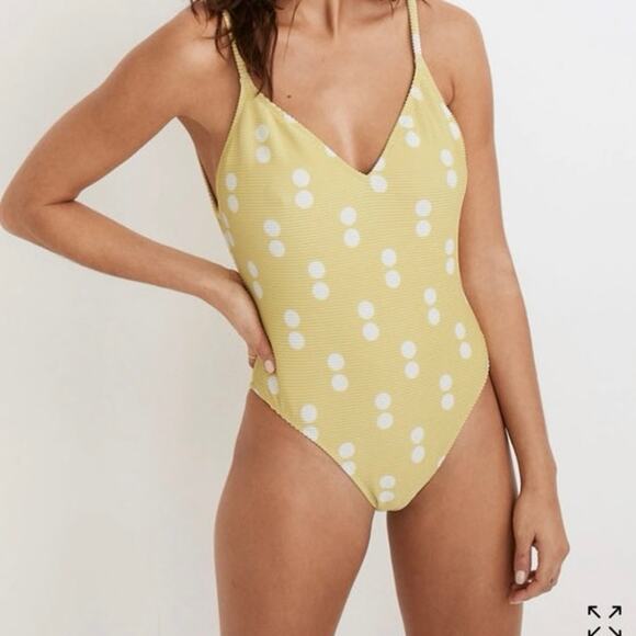 Madewell Ribbed Low-V One-Piece Swimsuit in Double Dot - Picture 1 of 7